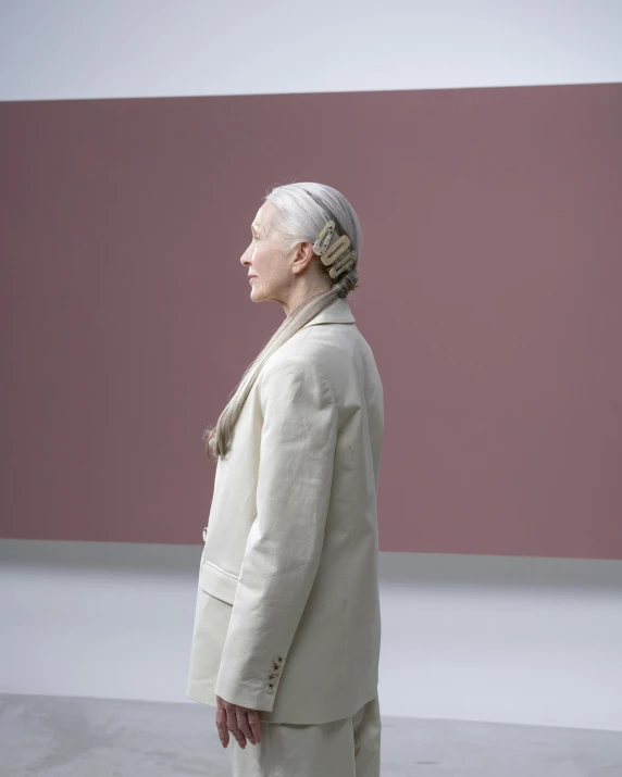 a woman standing in front of a painting, an album cover, inspired by Anna Füssli, white braided hair, light brown coat, photographed for reuters, elderly woman