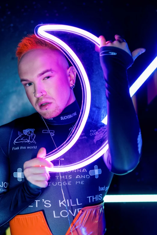 a man with a neon ring around his neck, inspired by David LaChapelle, featured on reddit, futurism, holding laser swords, promotional image, baron harkonnen, neoprene