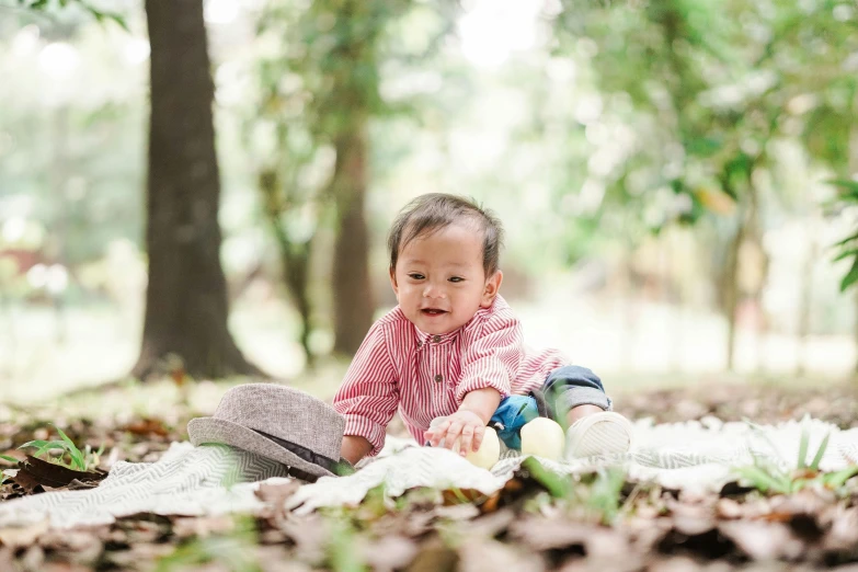 a little girl sitting on a blanket in the woods, a picture, by Basuki Abdullah, unsplash, tipping his fedora, handsome chad chin, having a picnic, 2 years old