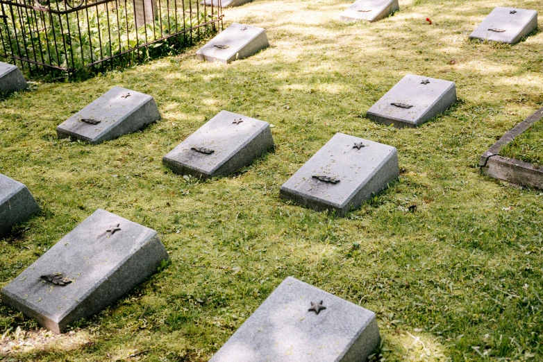 a group of tombstones sitting on top of a grass covered field, a photo, dezeen, lying, けもの, in rows
