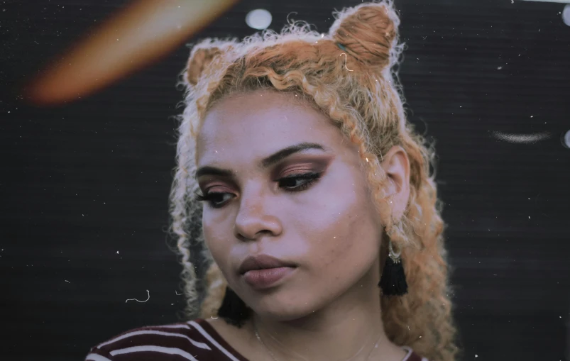 a close up of a person with blonde hair, inspired by Elsa Bleda, trending on pexels, afrofuturism, woman / cat hybrid, mixed race, two pigtails hairstyle, cynthwave