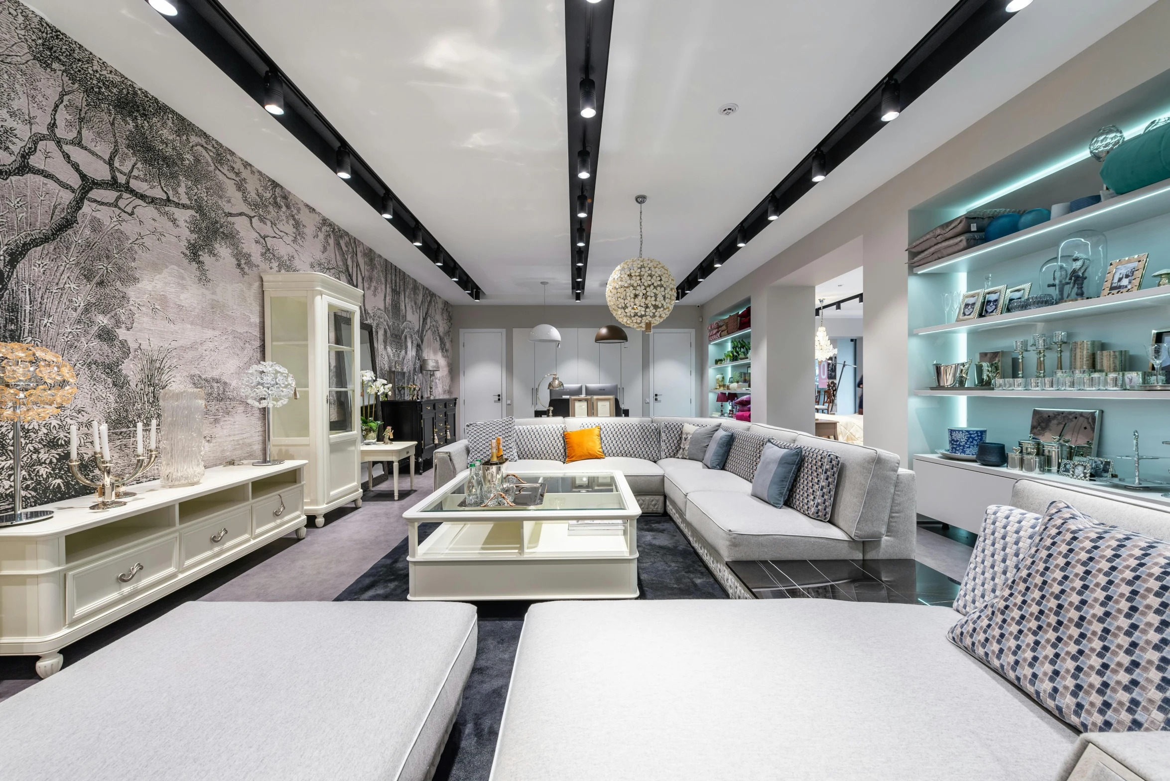 a living room filled with furniture and a chandelier, inspired by david rubín, hyperdetailed samsung store, commercial photography, grey, vivid detail