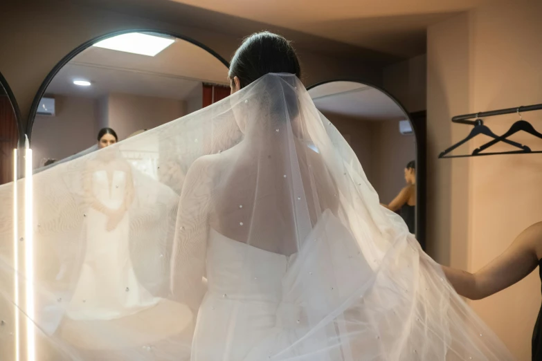 a woman that is standing in front of a mirror, wearing a wedding dress, canopies, back towards camera, slide show