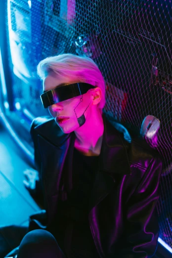 a woman sitting on the ground in front of a fence, cyberpunk art, trending on pexels, glowing oled visor, johan liebert, he wears an eyepatch, cai xukun