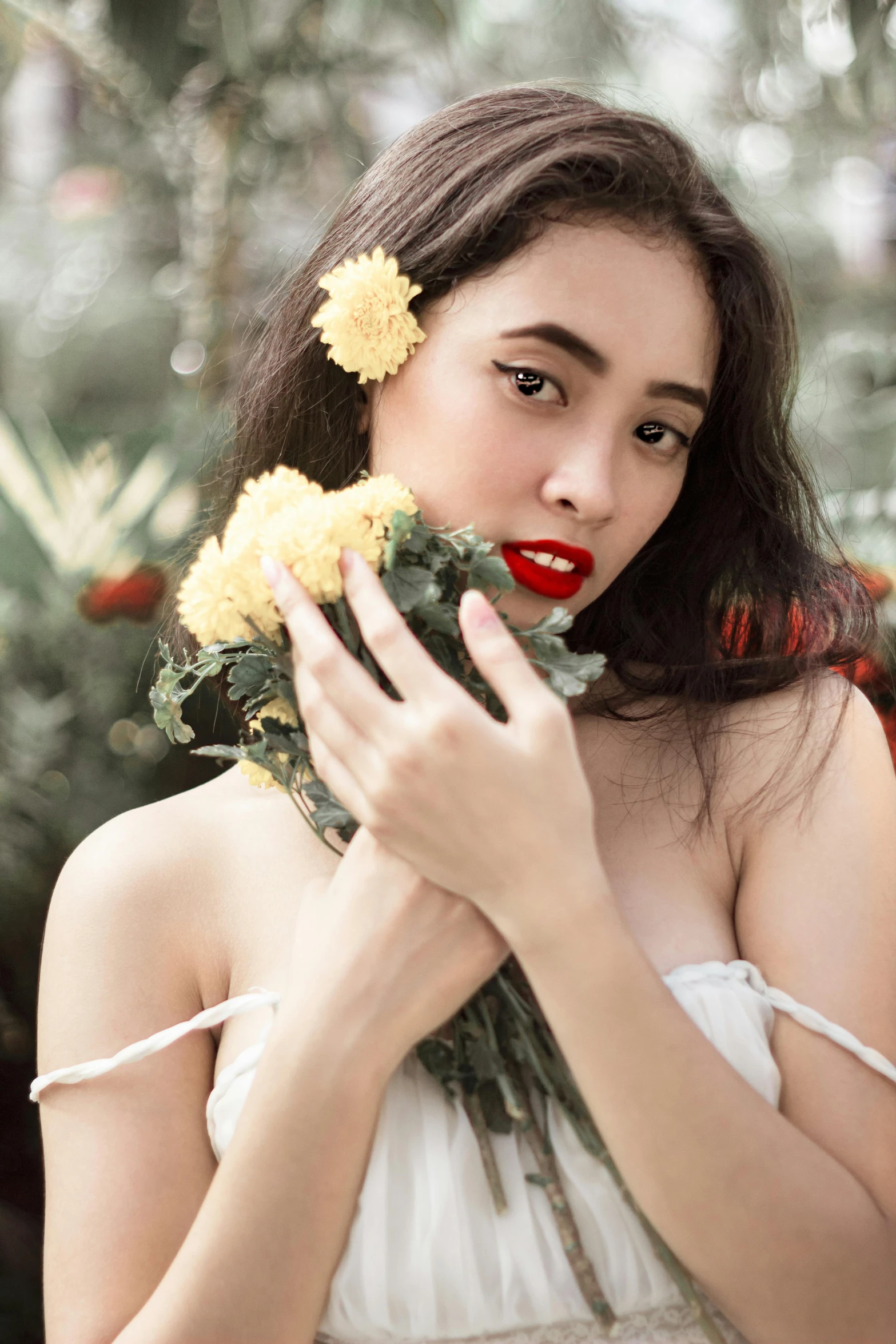 a woman in a white dress holding a bunch of flowers, inspired by Ruth Jên, pexels contest winner, sexy red lips, indonesia, square, 18 years old