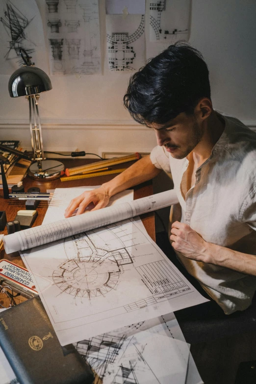 a man sitting at a desk working on a drawing, a drawing, inspired by Joong Keun Lee, pexels contest winner, architecture carved for a titan, circular, ignant, lachlan bailey