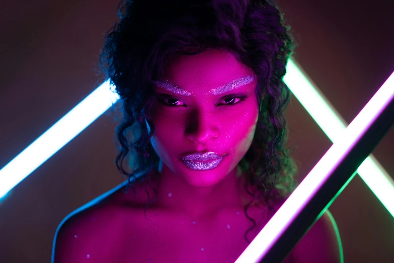 a woman with neon makeup holding a sword, inspired by David LaChapelle, trending on pexels, afrofuturism, lines of lights, iridescent glowing chips, bisexual lighting, light skin