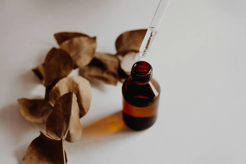 a bottle of essential oil next to some leaves, by Emma Andijewska, trending on pexels, brown colours, surgical iv drip, studio photo, thumbnail