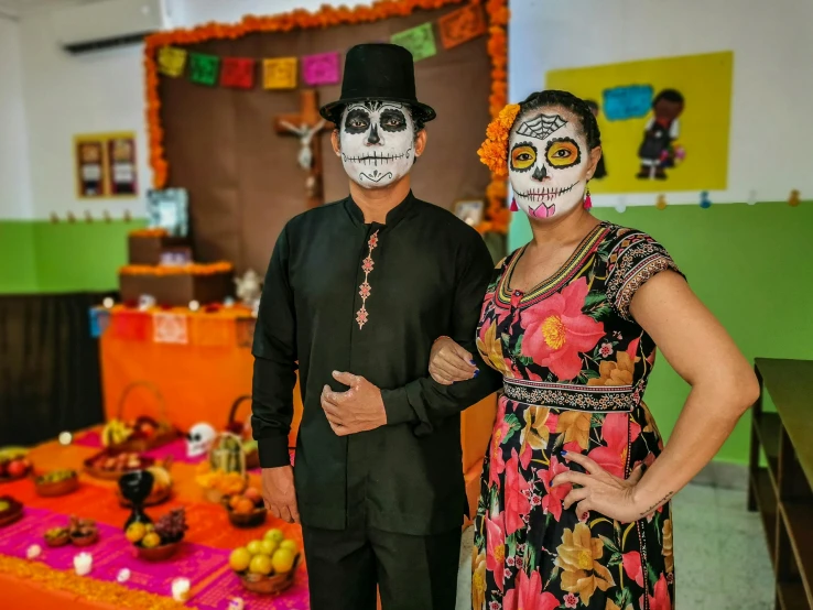 a man and woman in day of the dead costumes, pexels contest winner, quito school, background image, decorations, thumbnail, mid - 3 0 s