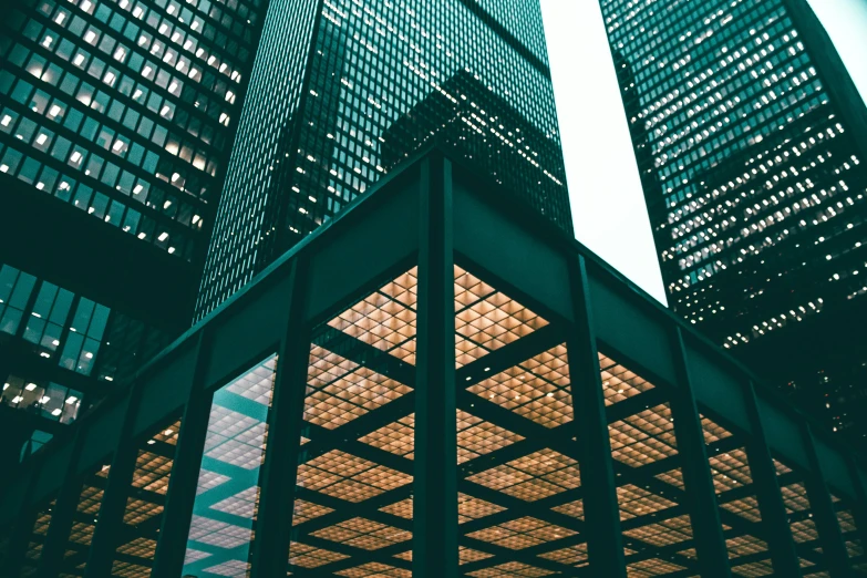 a couple of tall buildings sitting next to each other, by Adam Rex, pexels contest winner, hypermodernism, canopies, square lines, teal aesthetic, intricate sharp focus