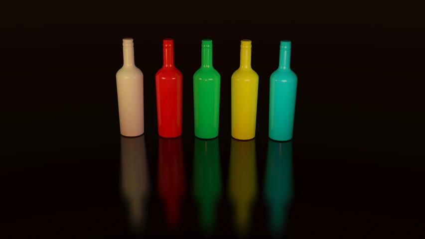 a group of bottles sitting on top of a table, a raytraced image, by James Warhola, polycount, fluorescent colours, reflective lighting, ilustration, 5 colors