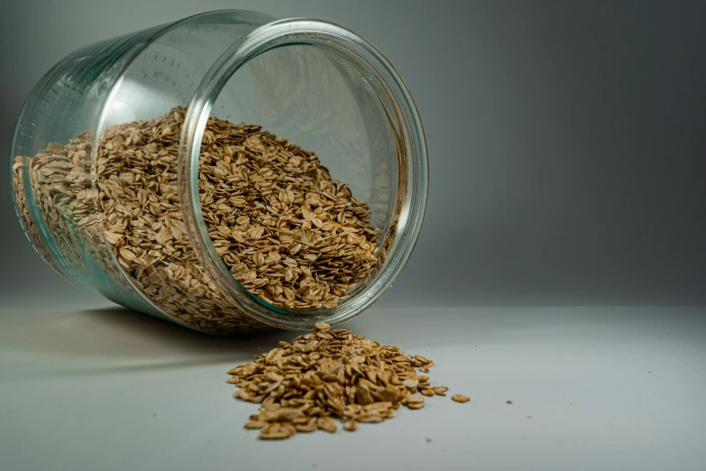 a jar filled with oats sitting on top of a table, pexels, hyperrealism, plain background, brown, flattened, sprouting