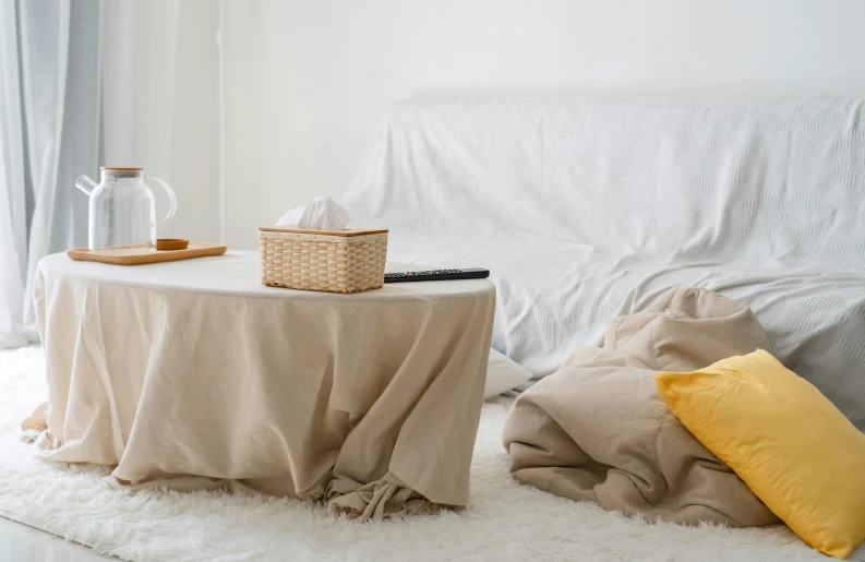 a white couch sitting in a living room next to a window, inspired by Sarah Lucas, trending on pexels, tablecloth, sand color, couple on bed, natural materials