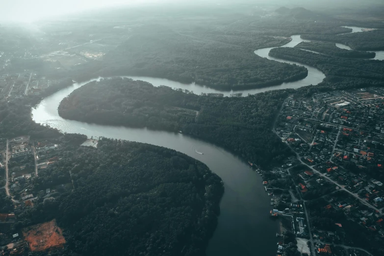 a river running through a lush green valley, by Adam Marczyński, pexels contest winner, helicopter footage over city, moody morning light, an island floating in the air, thumbnail