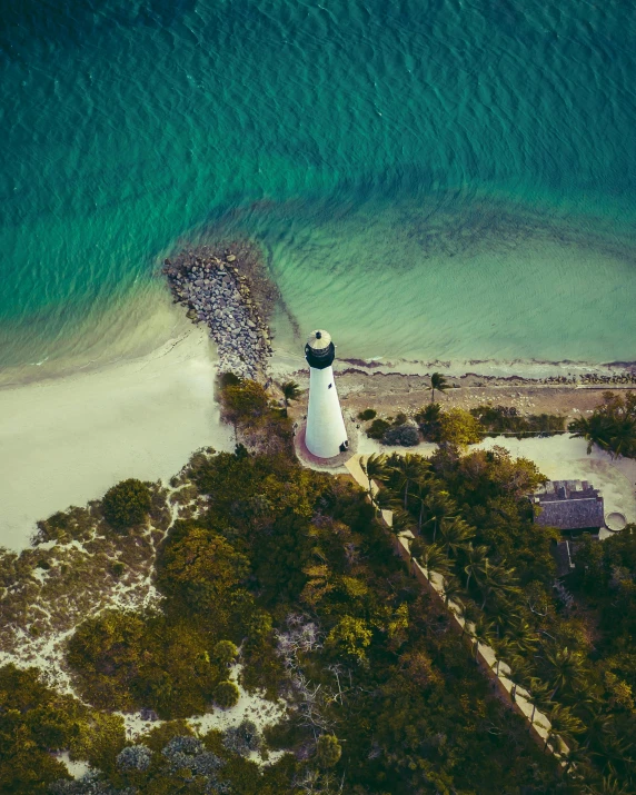 a lighthouse sitting on top of a sandy beach, looking down from above, green waters, sports illustrated, posing