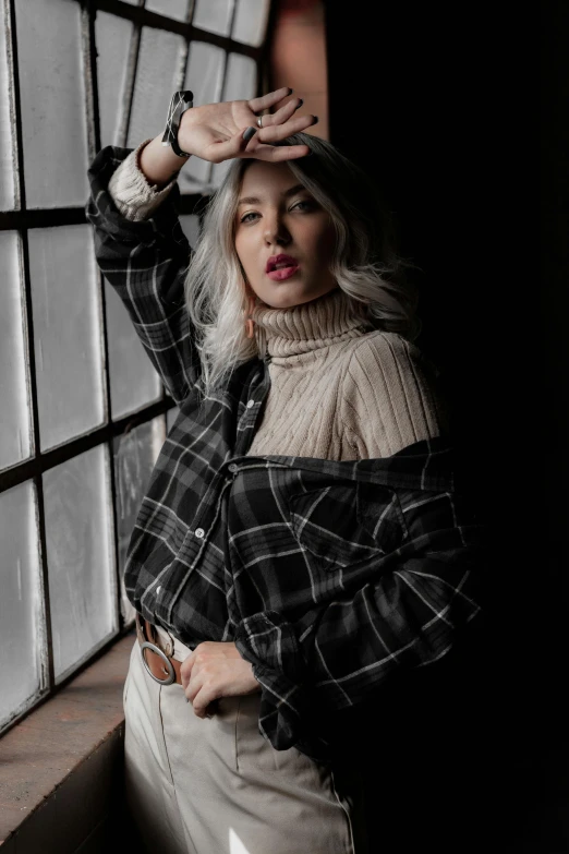 a woman leaning against a window with her hands on her head, inspired by Elsa Bleda, trending on pexels, plaid shirt, tifa lockhart with white hair, korean women's fashion model, dark backdrop