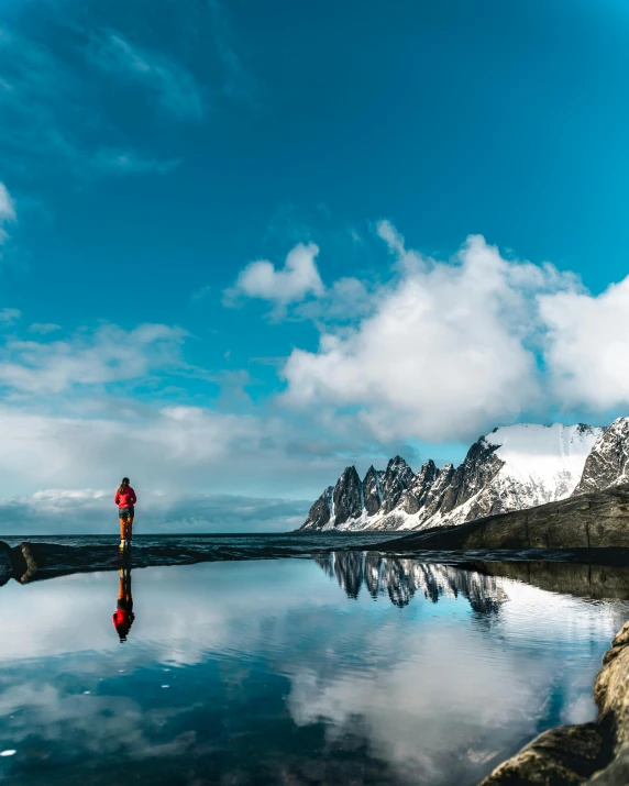 a person standing on a rock next to a body of water, inspired by Steve McCurry, pexels contest winner, norway mountains, big mirrors, today\'s featured photograph 4k, award winning photograph!