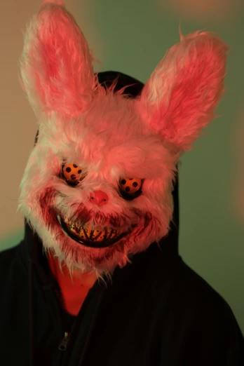 a close up of a person wearing a bunny mask, an album cover, by Peter Alexander Hay, reddit, carnage, trick or treat, headshot photo, jumpscare