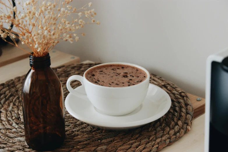 a close up of a cup of coffee on a table, fully chocolate, next to a plant, milk, understated aesthetic