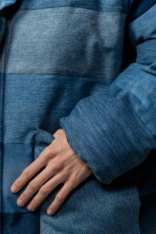 a close up of a person wearing a jacket, by Nina Hamnett, gradient blue, denim, thumbnail, material
