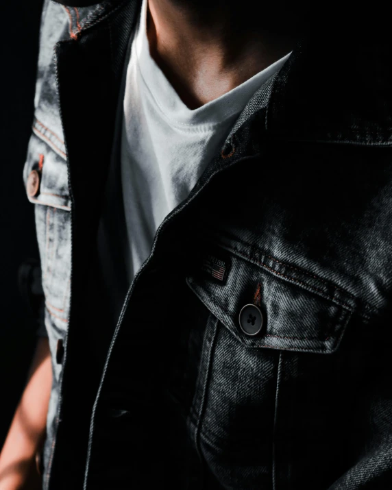 a man wearing a denim jacket and a white t - shirt, trending on pexels, black on black, lgbtq, desaturated, panel of black