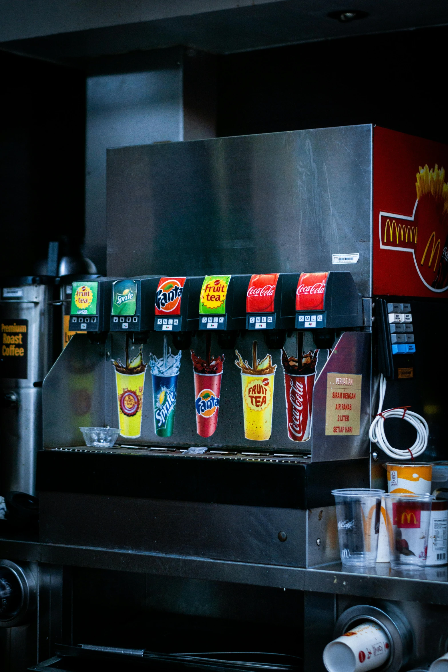 a vending machine at a fast food restaurant, a still life, by Everett Warner, pexels, process art, mixing drinks, torches, sink, various colors