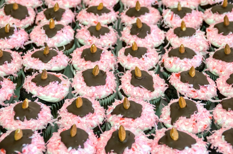 a table topped with lots of cupcakes covered in frosting, hurufiyya, pink tigers, thumbnail, chocolate, close up photo