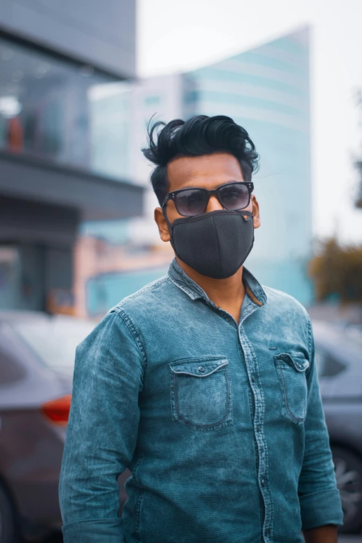 a man wearing a face mask on a city street, pexels contest winner, ready to model, avatar image, ayan nag, solid background