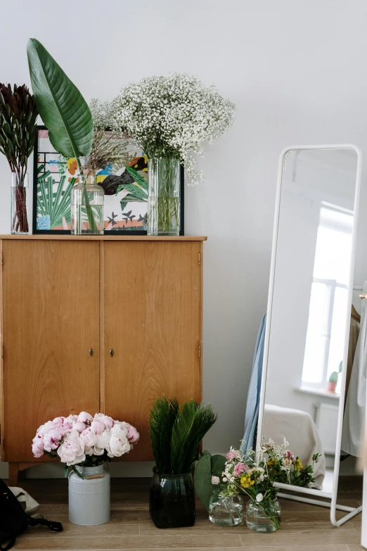 a cat laying on the floor in front of a mirror, by Elsie Henderson, unsplash, light and space, vase with flowers, two wooden wardrobes, small and cosy student bedroom, tall flowers