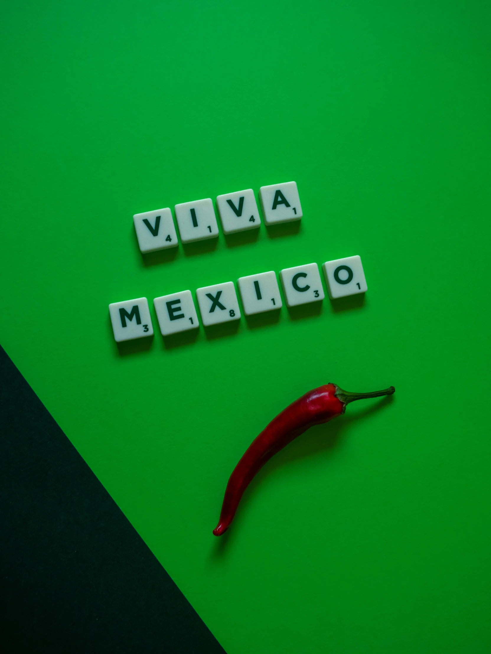 a red chili sitting on top of a green table, by Julia Pishtar, pexels contest winner, graffiti, she is mexican, word, cubes on table, vinny from vinesauce