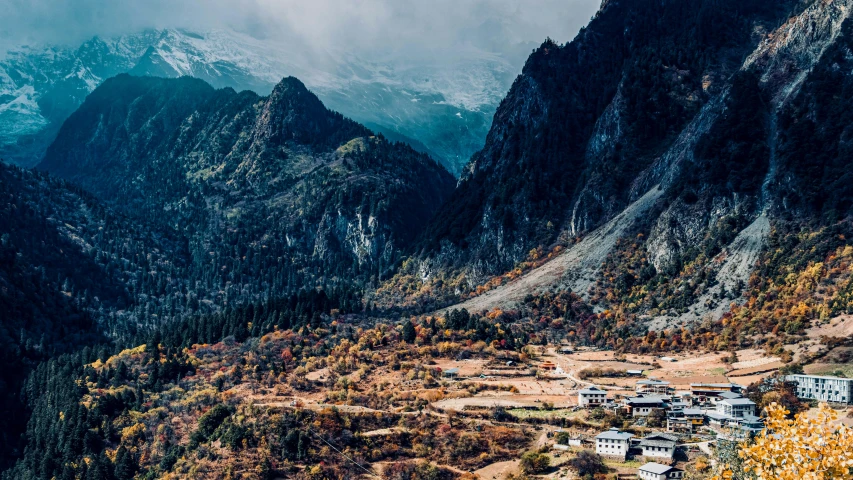 a village in the mountains surrounded by trees, by Tobias Stimmer, unsplash contest winner, hurufiyya, thangka, geology, fall season, 2000s photo