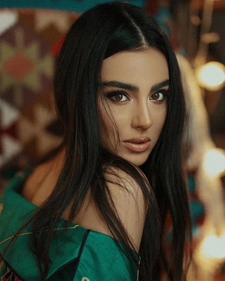 a woman with long black hair wearing a green dress, trending on pexels, hurufiyya, young middle eastern woman, large eyebrows, luts, instagram post