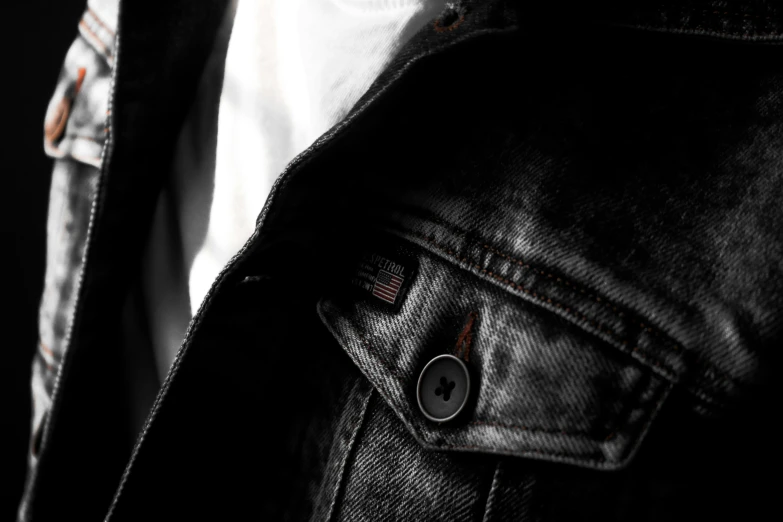 a close up of a person wearing a jacket and tie, by Adam Marczyński, unsplash, digital art, denim jeans, black white and red colors, american veteran gi, techwear clothes