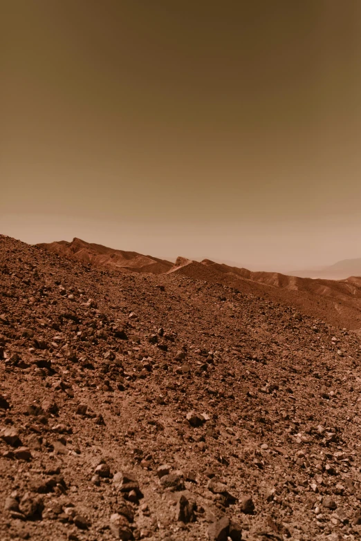 a man standing on top of a rocky hill, a colorized photo, tonalism, mars one mission, panoramic, fan favorite, brown