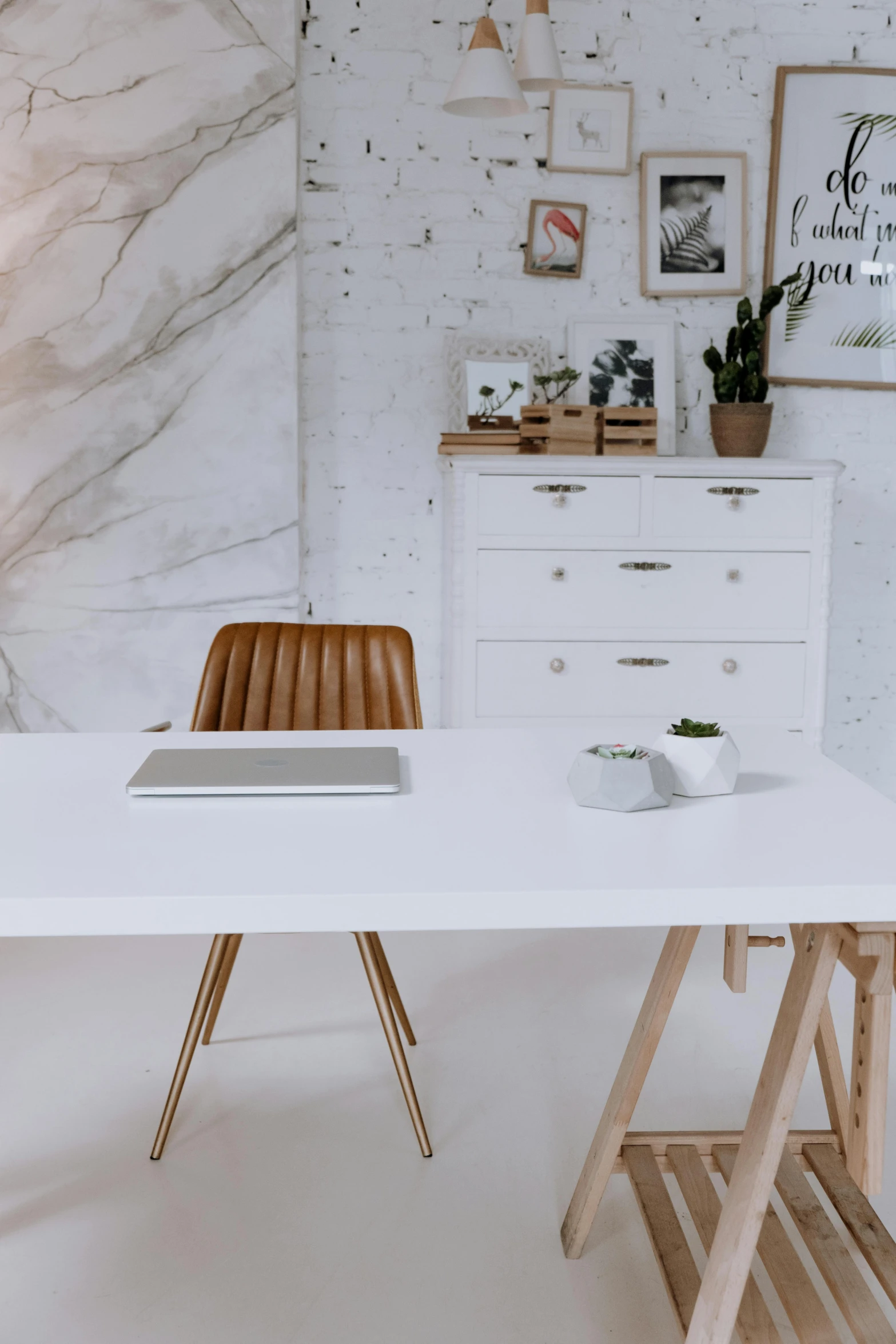 a white table with a laptop on top of it, pexels contest winner, light and space, white and gold, marble room, brown and white color scheme, furniture