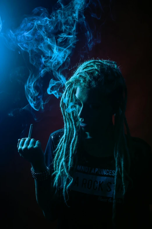 a man with dreadlocks smoking a cigarette, inspired by Elsa Bleda, pexels contest winner, a girl with blonde hair, blacklight, lil wayne, high detal