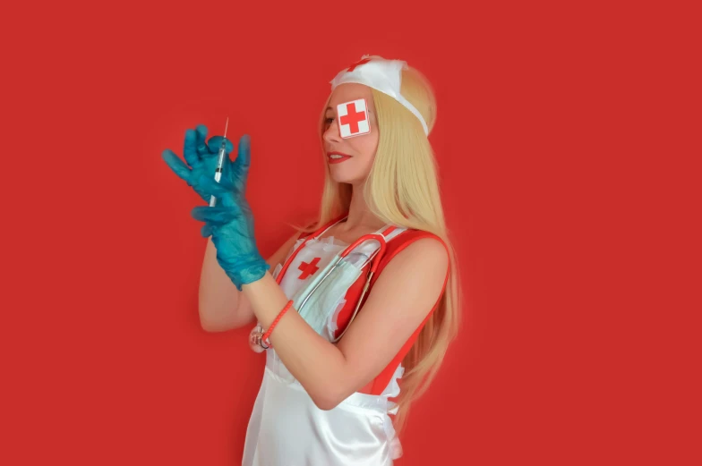 a woman dressed as a nurse holding a syssor, by Julia Pishtar, pexels, pop art, ava max, white long gloves, a blond, white red