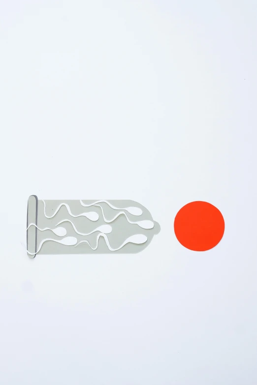 a knife and a red dot on a white surface, an abstract sculpture, inspired by Alexander Calder, op art, neon orange, 84mm), diecut, silver red