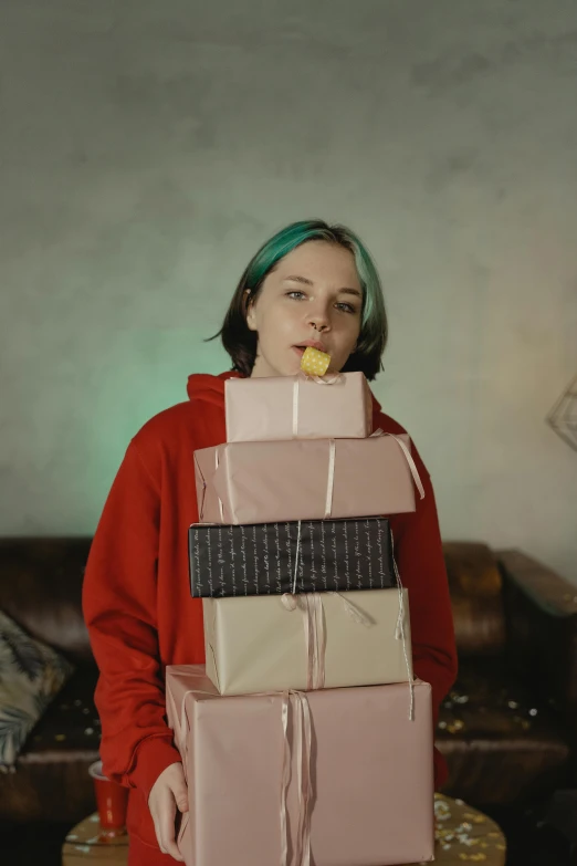 a woman standing in front of a pile of presents, a colorized photo, inspired by Elsa Bleda, pexels contest winner, hyperrealism, billie eilish portrait, video still, androgynous person, holding gift