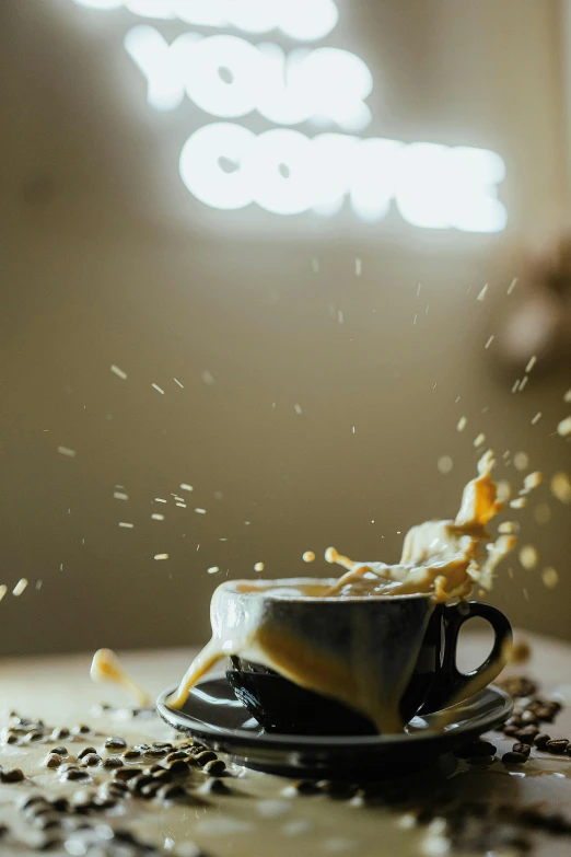 a cup of coffee sitting on top of a table, pexels contest winner, process art, sparks flying, honey dripping from ceiling, light scatter, product shot