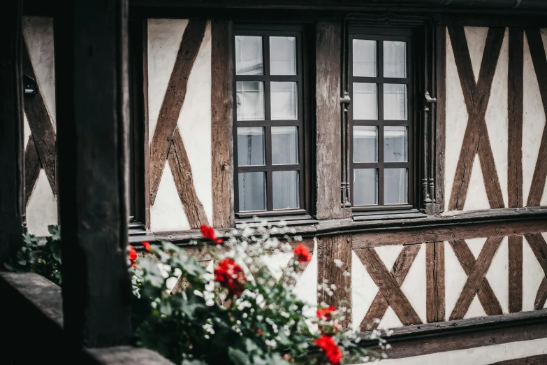 a couple of windows sitting on the side of a building, by Raphaël Collin, pexels contest winner, arts and crafts movement, medieval cottage interior, red and white flowers, background image, shot on sony a 7 iii