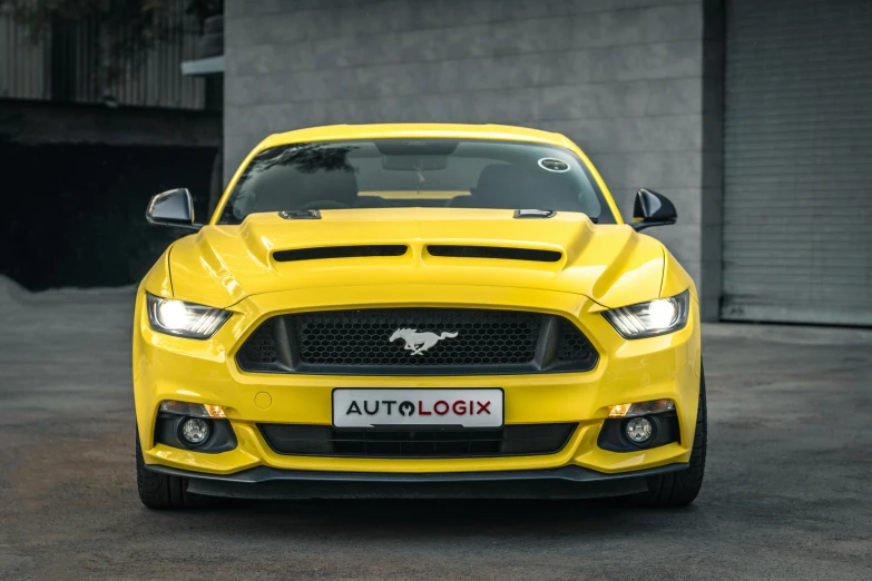 a yellow mustang parked in front of a building, a portrait, pexels contest winner, baroque, car trading game, malaysian, profile image, front lighting