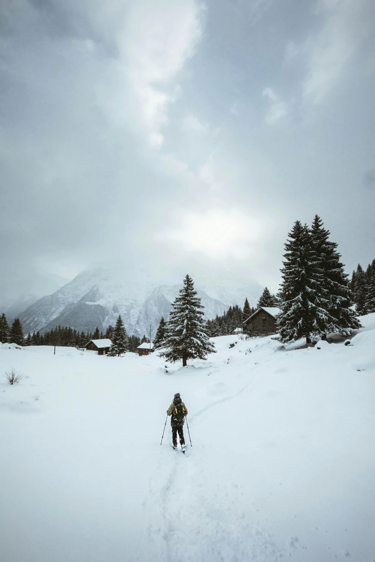 a person riding skis down a snow covered slope, a picture, unsplash contest winner, renaissance, hut, gloomy skies, switzerland, snow on trees and ground