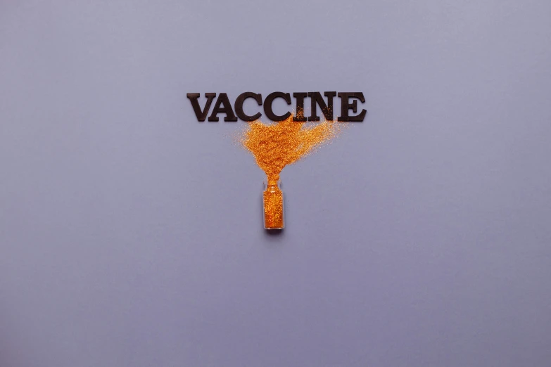 a bottle of liquid with the word vaccine written on it, an album cover, by Attila Meszlenyi, trending on pexels, orange color, dust particle, clemens ascher, gold