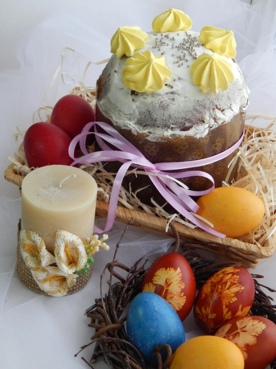 a cake sitting on top of a table next to eggs, various items, thumbnail, loaves, candles