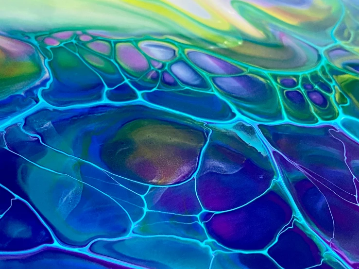 a close up view of an abstract painting, a detailed painting, inspired by Gabriel Dawe, trending on pexels, abstract art, blue-green fish skin, purple liquid, molten plastic, alcohol ink art