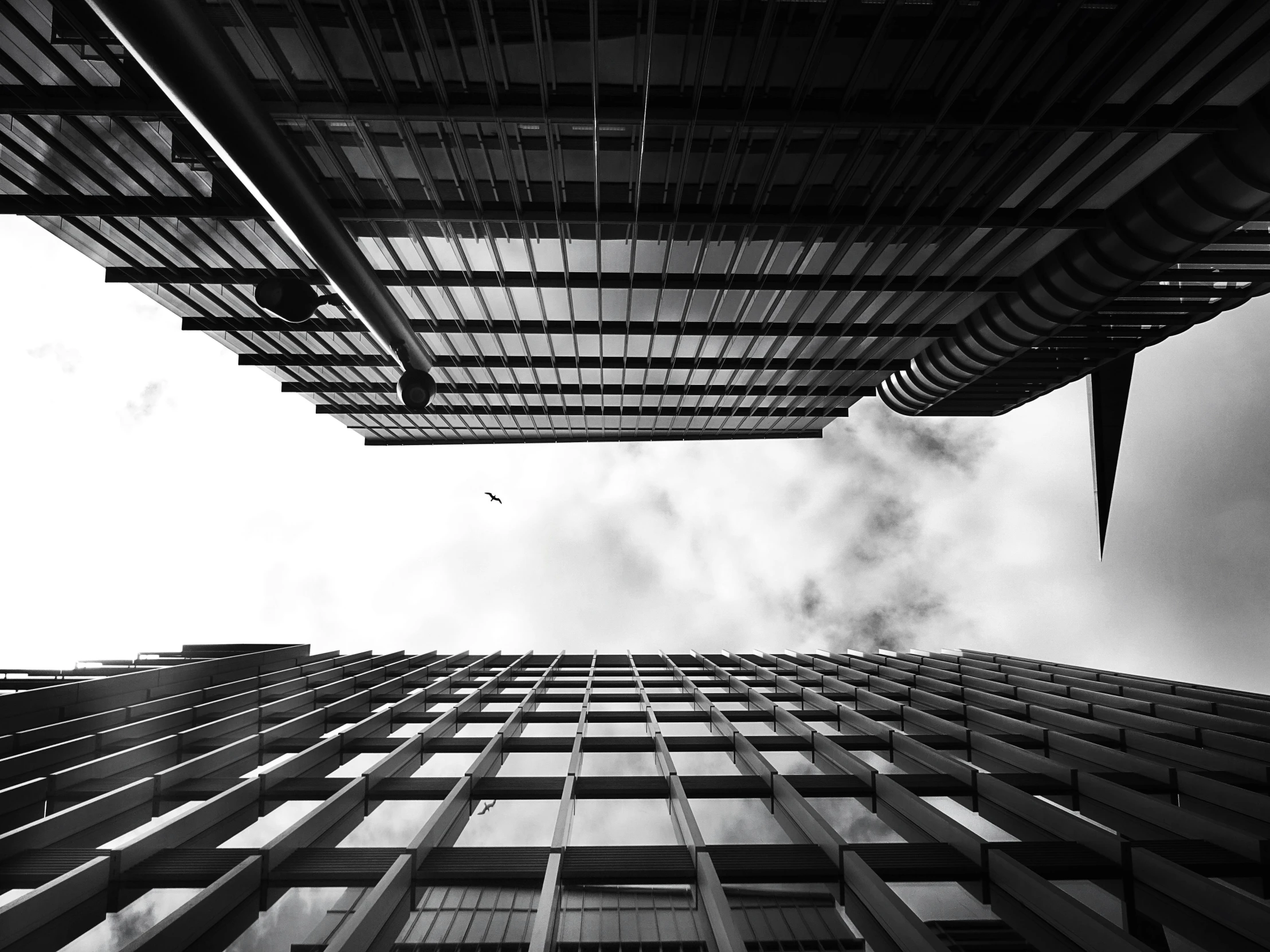 a black and white photo of a tall building, by Adam Rex, unsplash contest winner, skyscrapers and flying cars, square, london architecture, wideangle