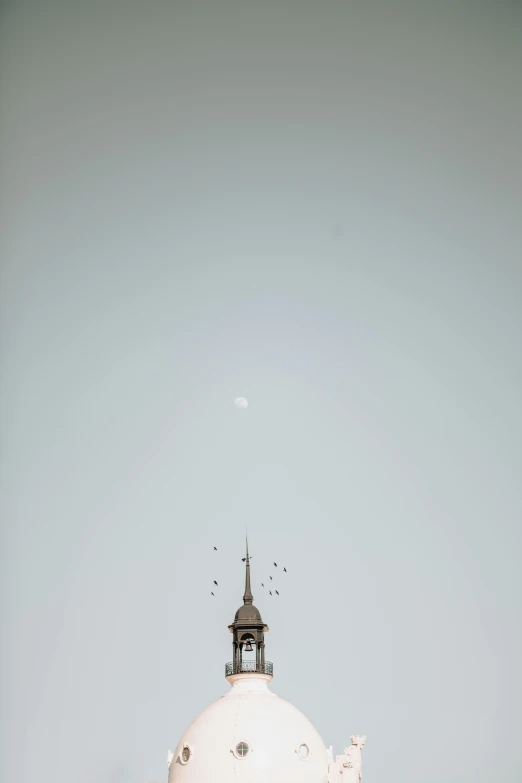 a white dome with a clock on top of it, by Attila Meszlenyi, minimalism, birds f cgsociety, traditional moon, 2 5 6 x 2 5 6, spire