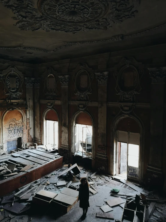 a large room with a lot of debris on the floor, inspired by Elsa Bleda, unsplash contest winner, singing at a opera house, abandoned polish mansion, promo image, overview