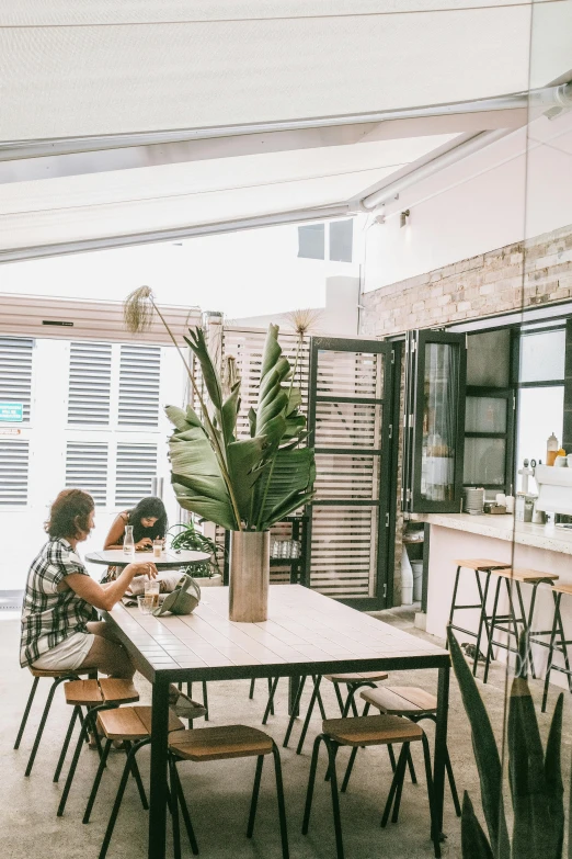 a couple of people that are sitting at a table, trending on unsplash, light and space, in chippendale sydney, greenhouse, house kitchen on a sunny day, hidden area
